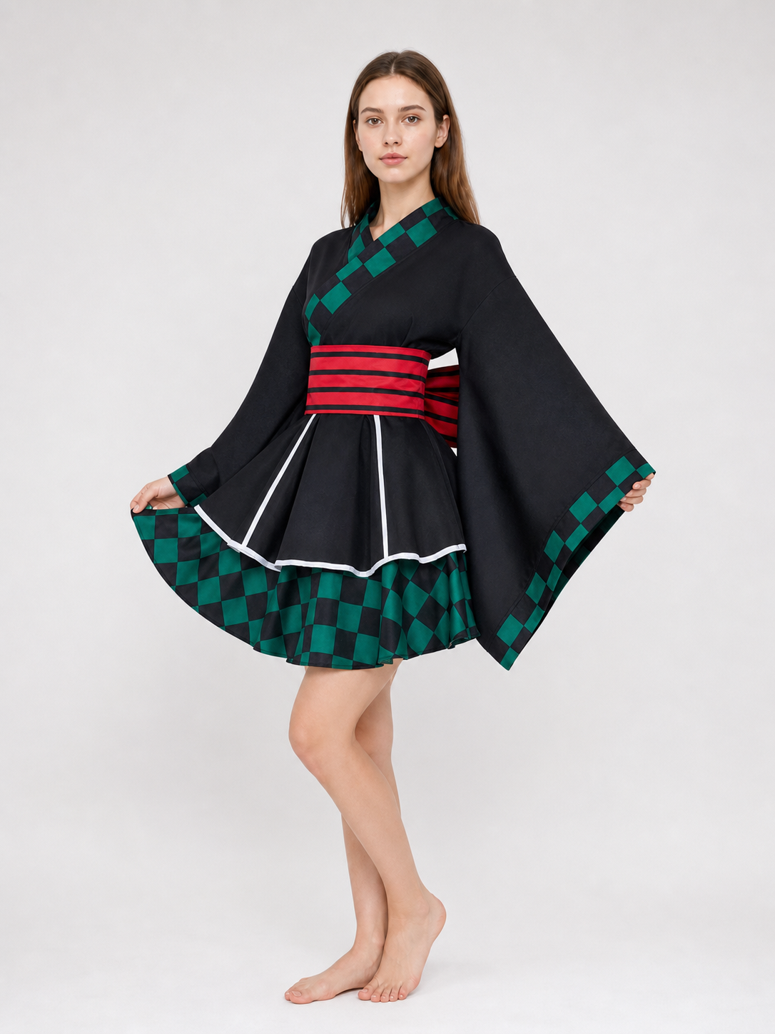 Tanjiro Cosplay Dress, Black with Green Plaid