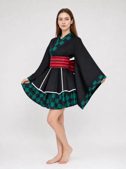 Tanjiro Cosplay Dress, Black with Green Plaid