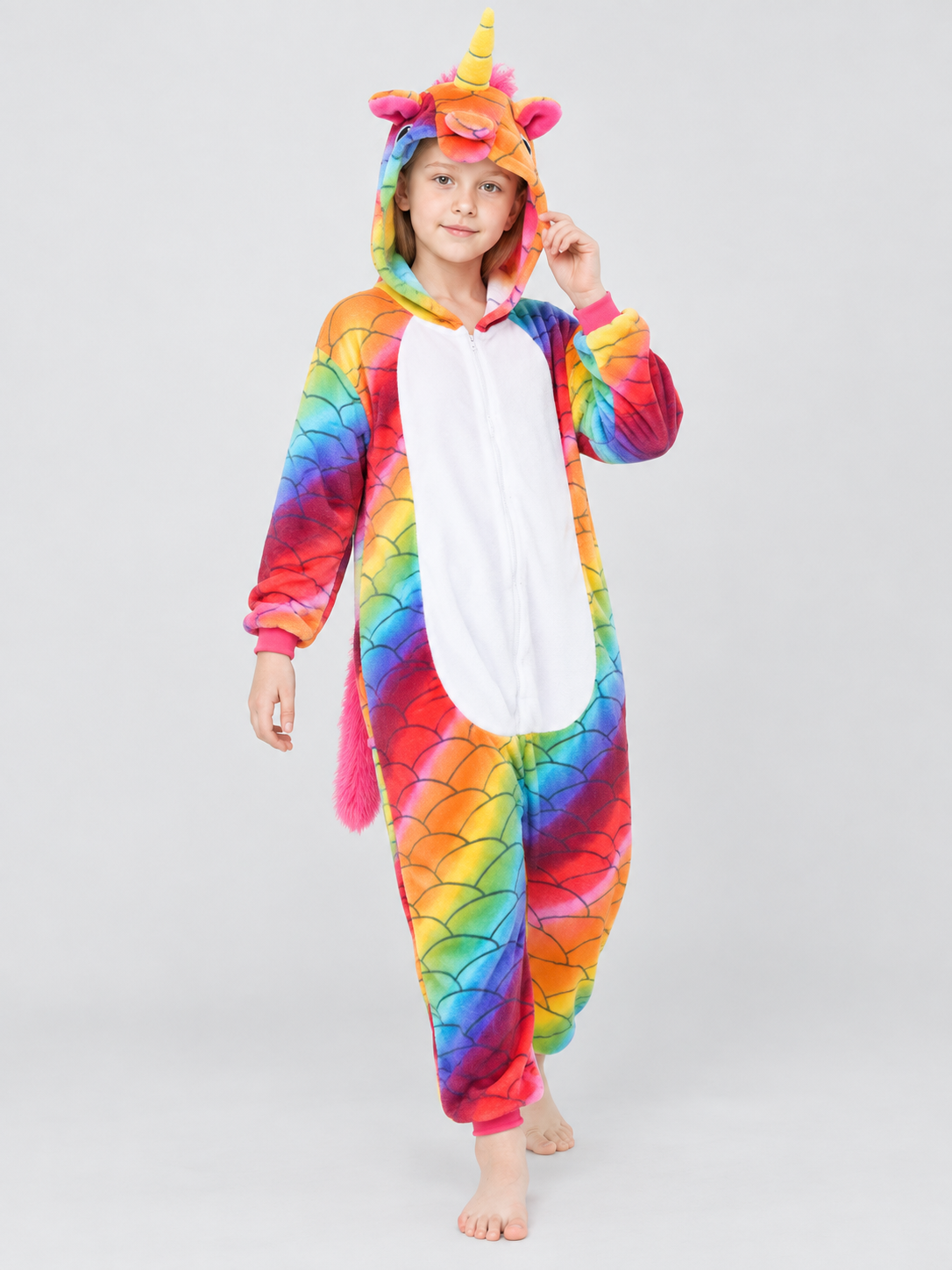 Hooded Pajama Jumpsuit with Horn, Ears, and Rainbow Print