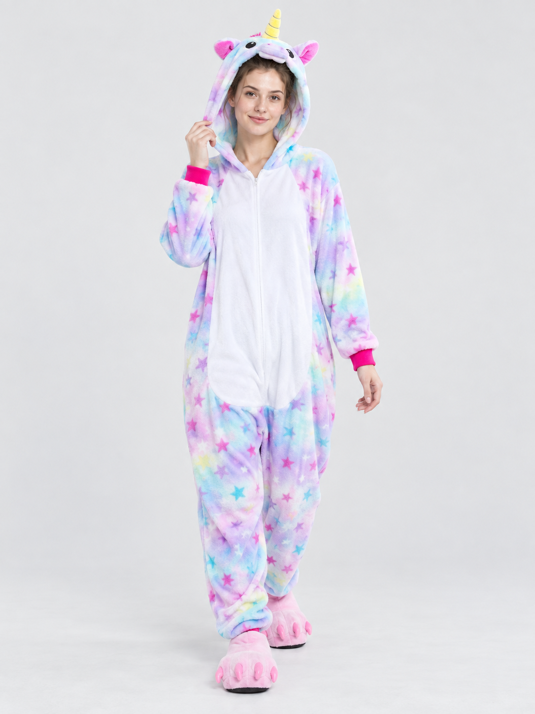 Flannel Hooded Pajama Jumpsuit with Star Print