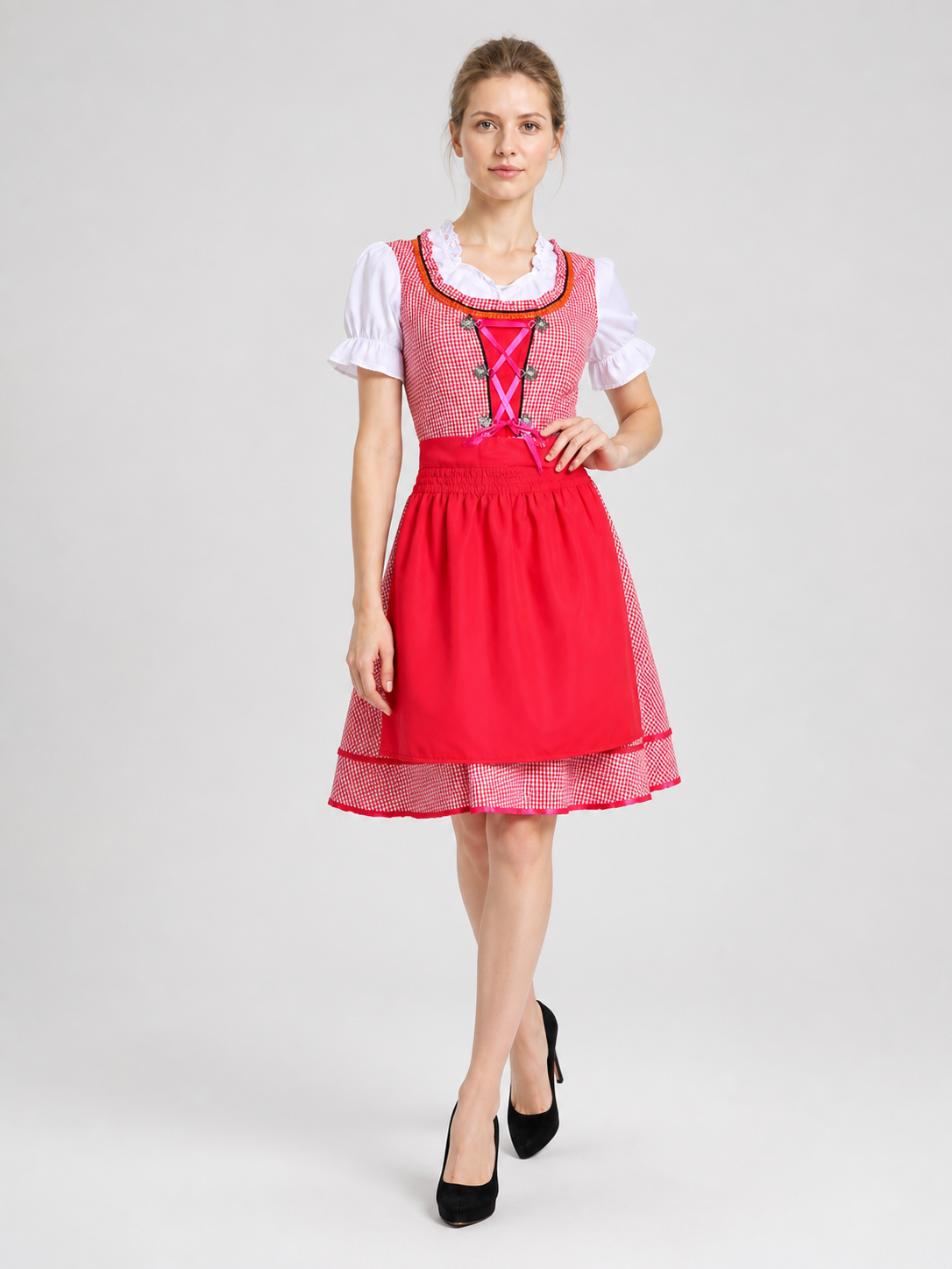 Bavarian Traditional Dress, Red Plaid, with Apron Costume Dresses detail 2