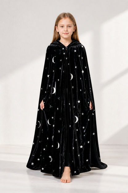 Black Hooded Long Cloak with Moon and Star Pattern