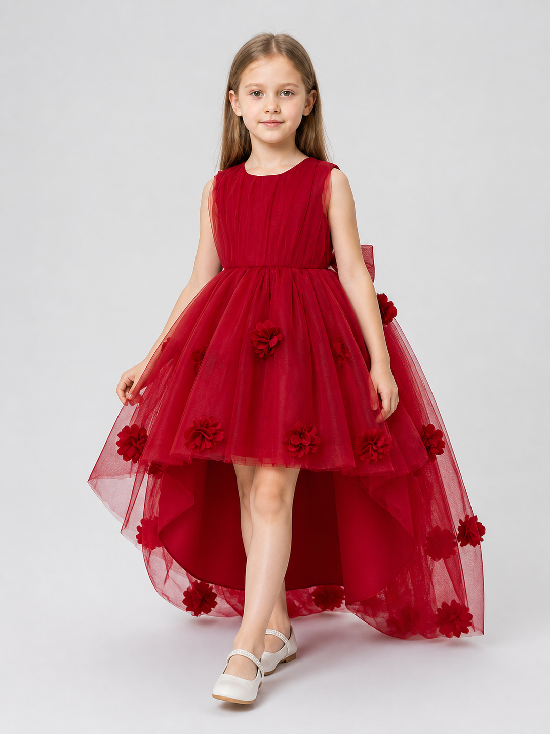 Children's Red Dress with Train, Sleeveless, Bow Costume Dresses detail 2