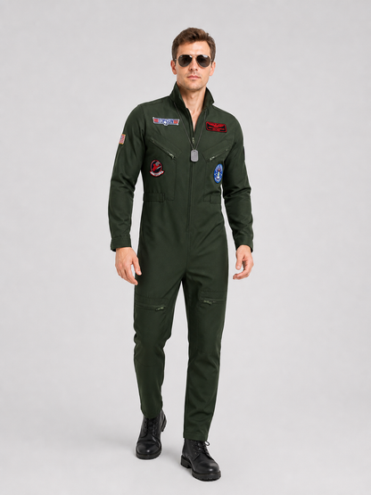 Top Gun Pilot Cosplay Jumpsuit, Khaki, Glasses and Chain Costumes detail 2