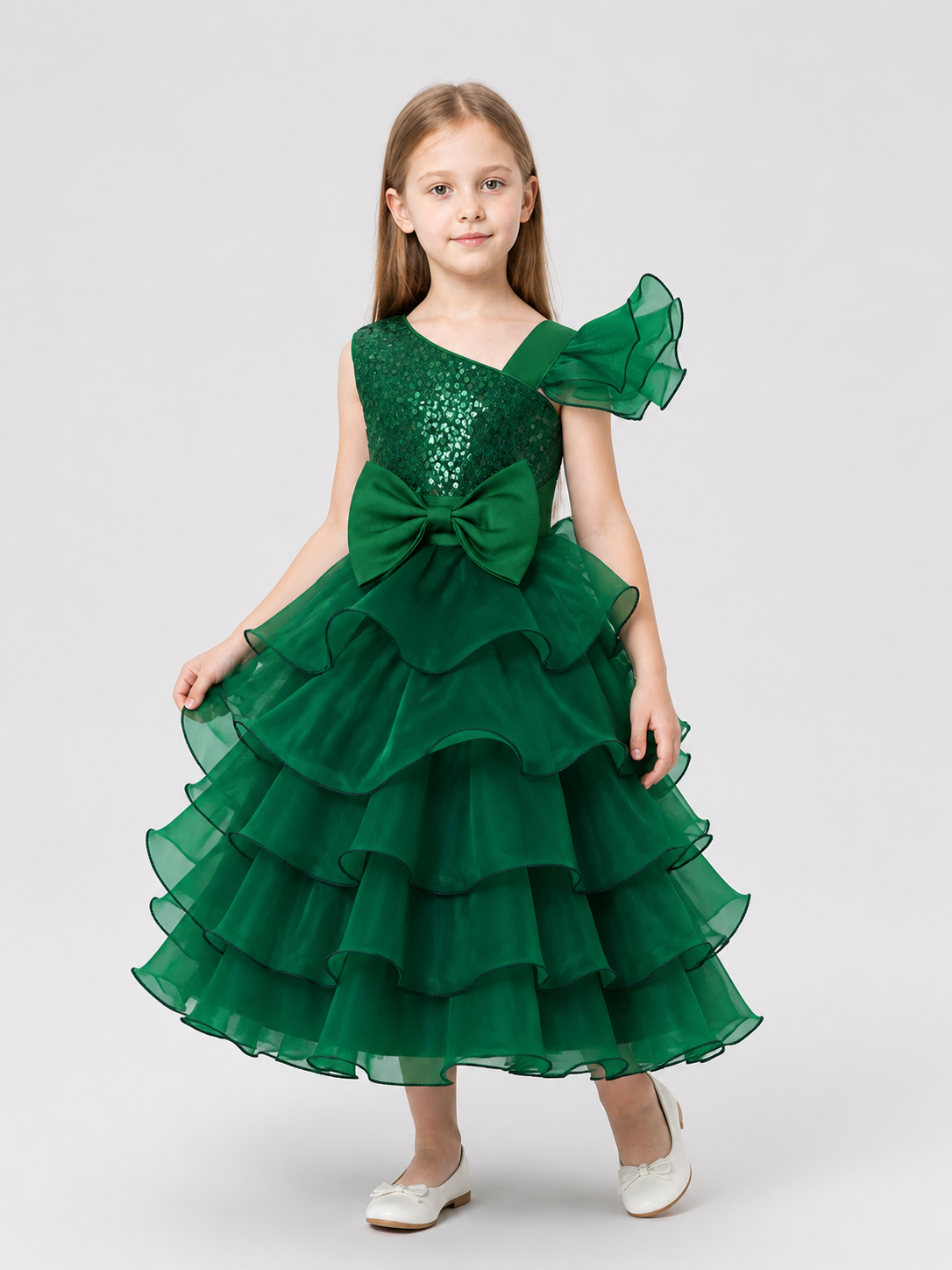 Festive Green Princess Dress with Bow Costume Dresses detail 2