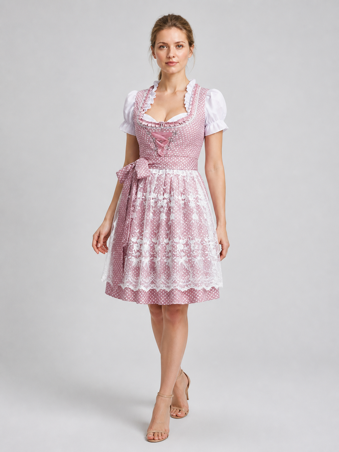 Pink and White Bavarian-Style Lace Dress Costume Dresses detail 2