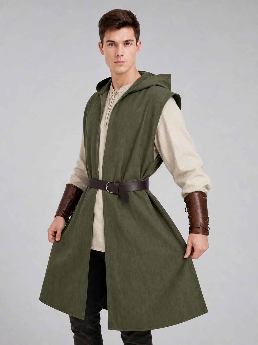 Medieval Fantasy Role Play Costume Set, 2-Piece Olive Green Hooded Sleeveless