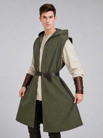 Medieval Fantasy Role Play Costume Set, 2-Piece Olive Green Hooded Sleeveless