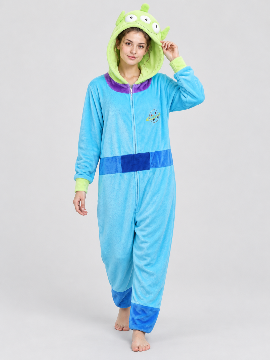 Pajama Jumpsuit with Puffy Hood and Zipper