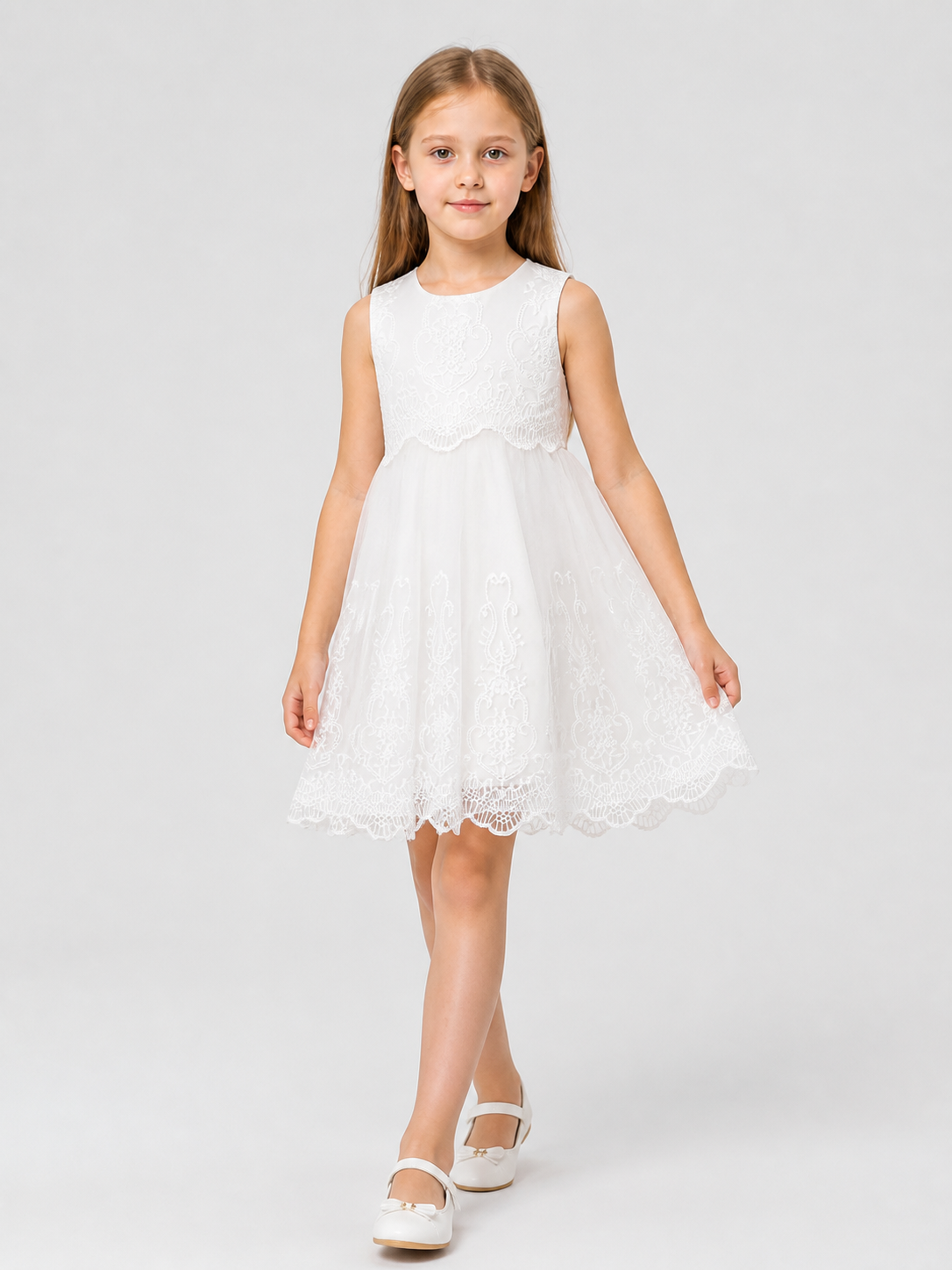 White Sleeveless Dress with Lace and Embroidery Costume Dresses detail 2