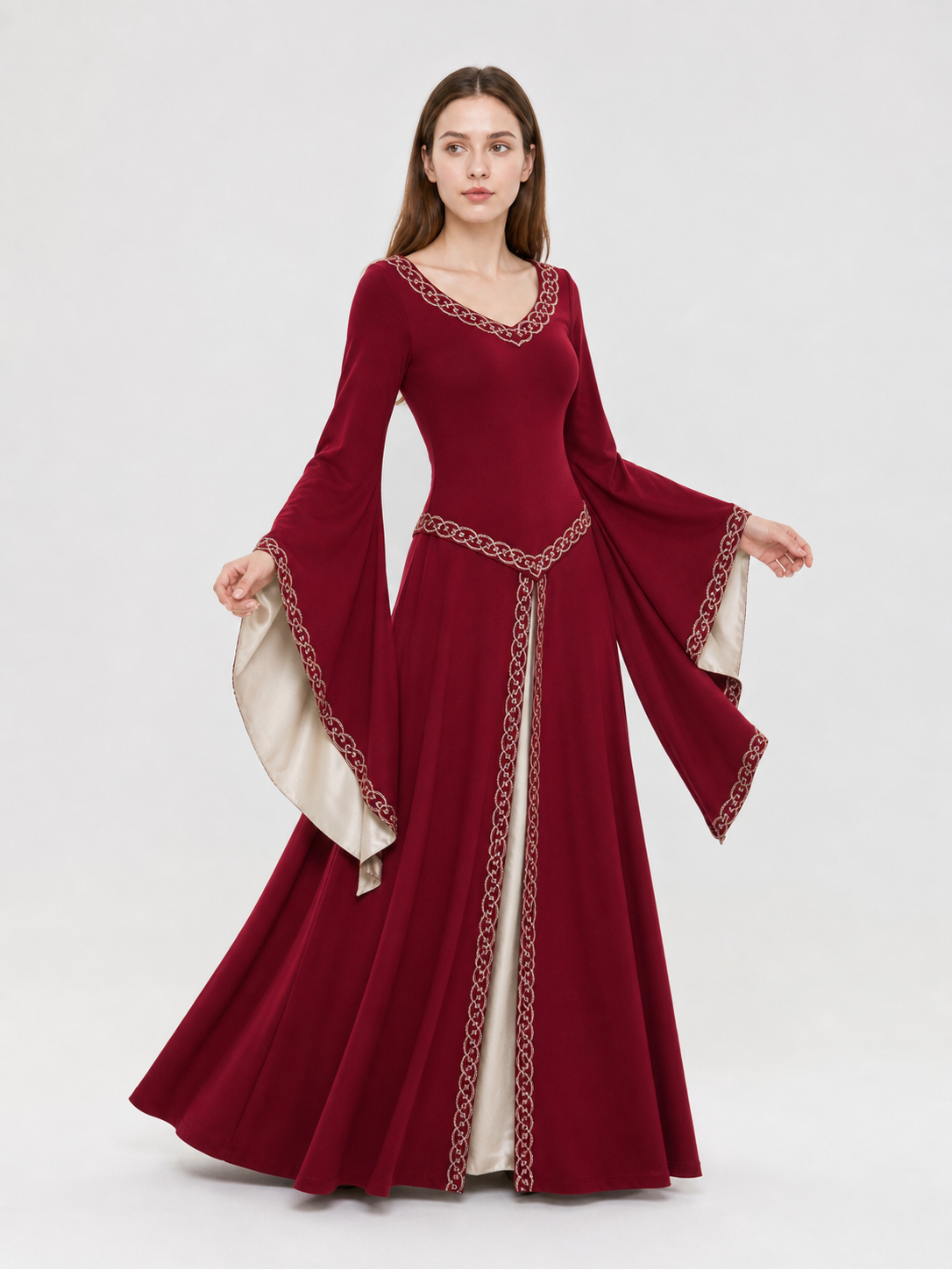 Floor-Length Dress with Long Sleeves and Decorative Trim