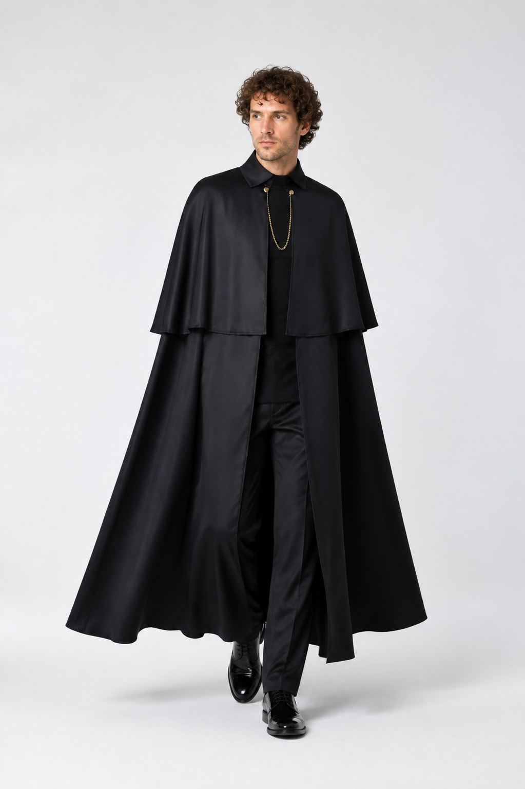 Black Cape with Stand Collar and Gold Chain Costume Capes detail