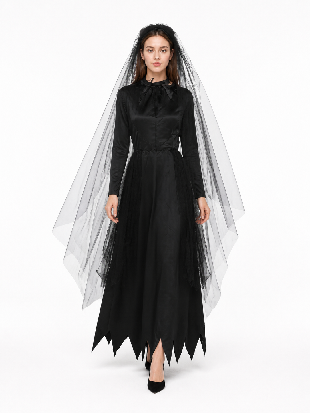Black Gothic Long Dress with Veil Costume Dresses detail 2