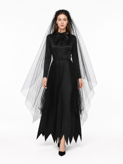 Black Gothic Long Dress with Veil Costume Dresses detail 2