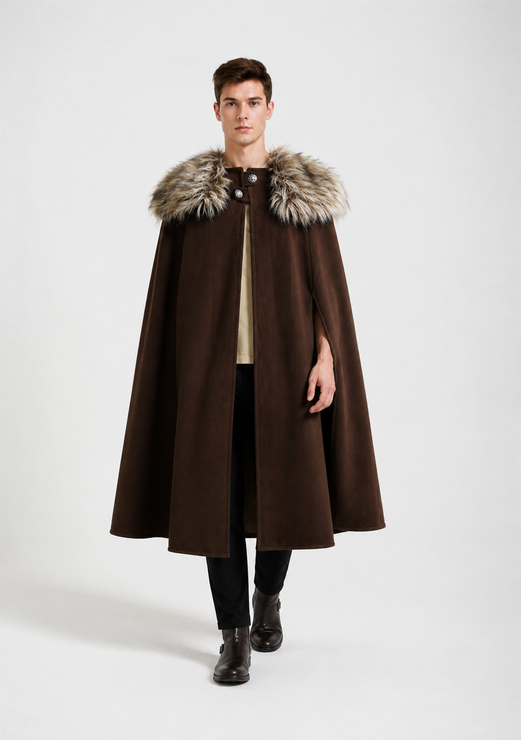 Long Brown Cape with Fur Collar Costume Capes detail 2