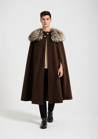 Long Brown Cape with Fur Collar Costume Capes detail 2