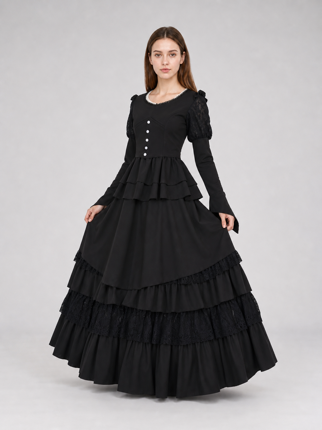 Gothic Dress with a High Collar and Ruffles