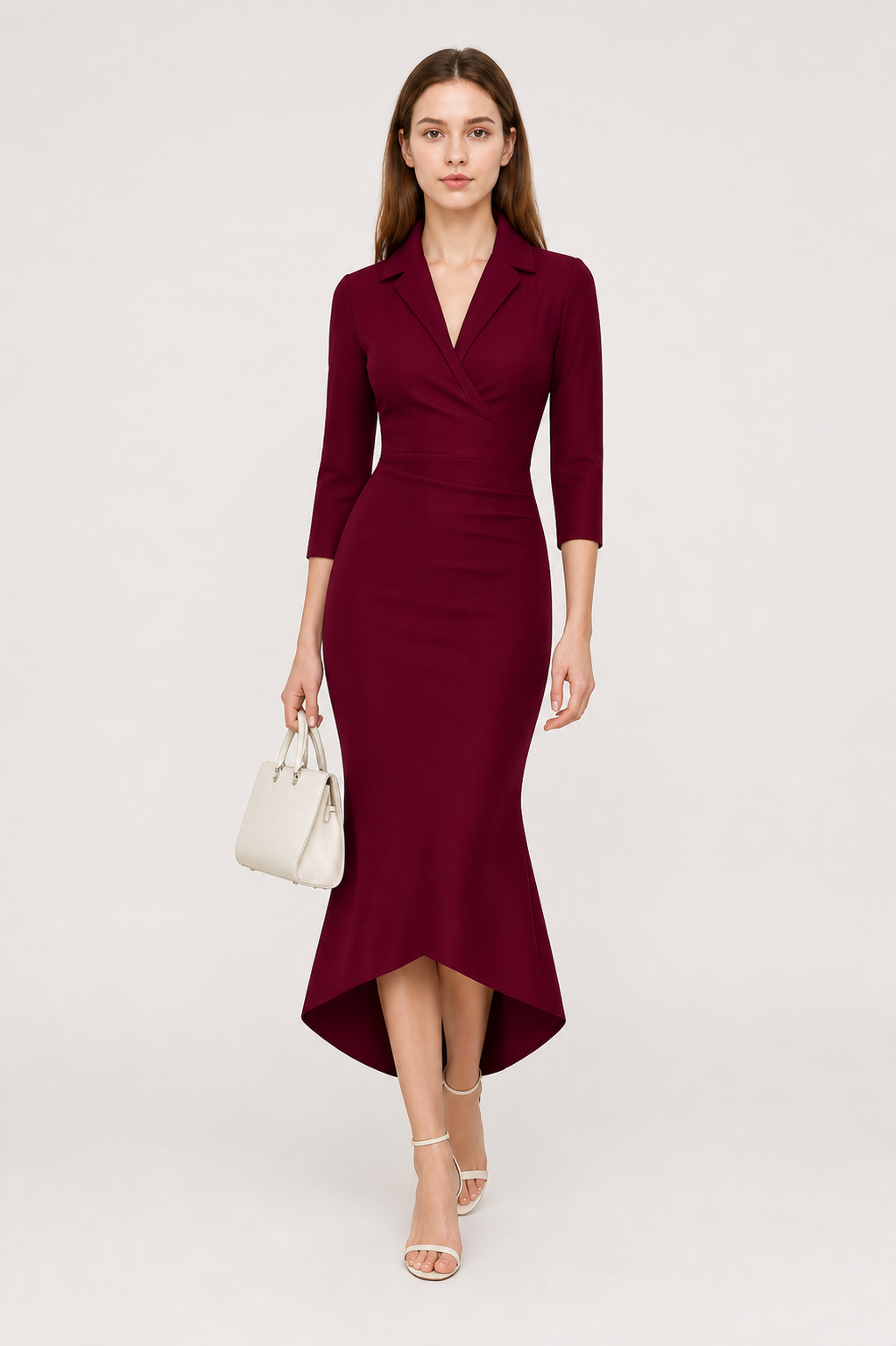 Burgundy Dress with a V-Neck and Asymmetrical Hem Costume Dresses detail 2