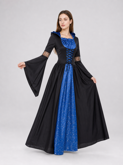 This costume is designed to create a witch, vampire, or ghostly character look for Halloween and themed role-playing events. The design features a black-and-blue color combination and consists of a long dress with a hood and long sleeves. T