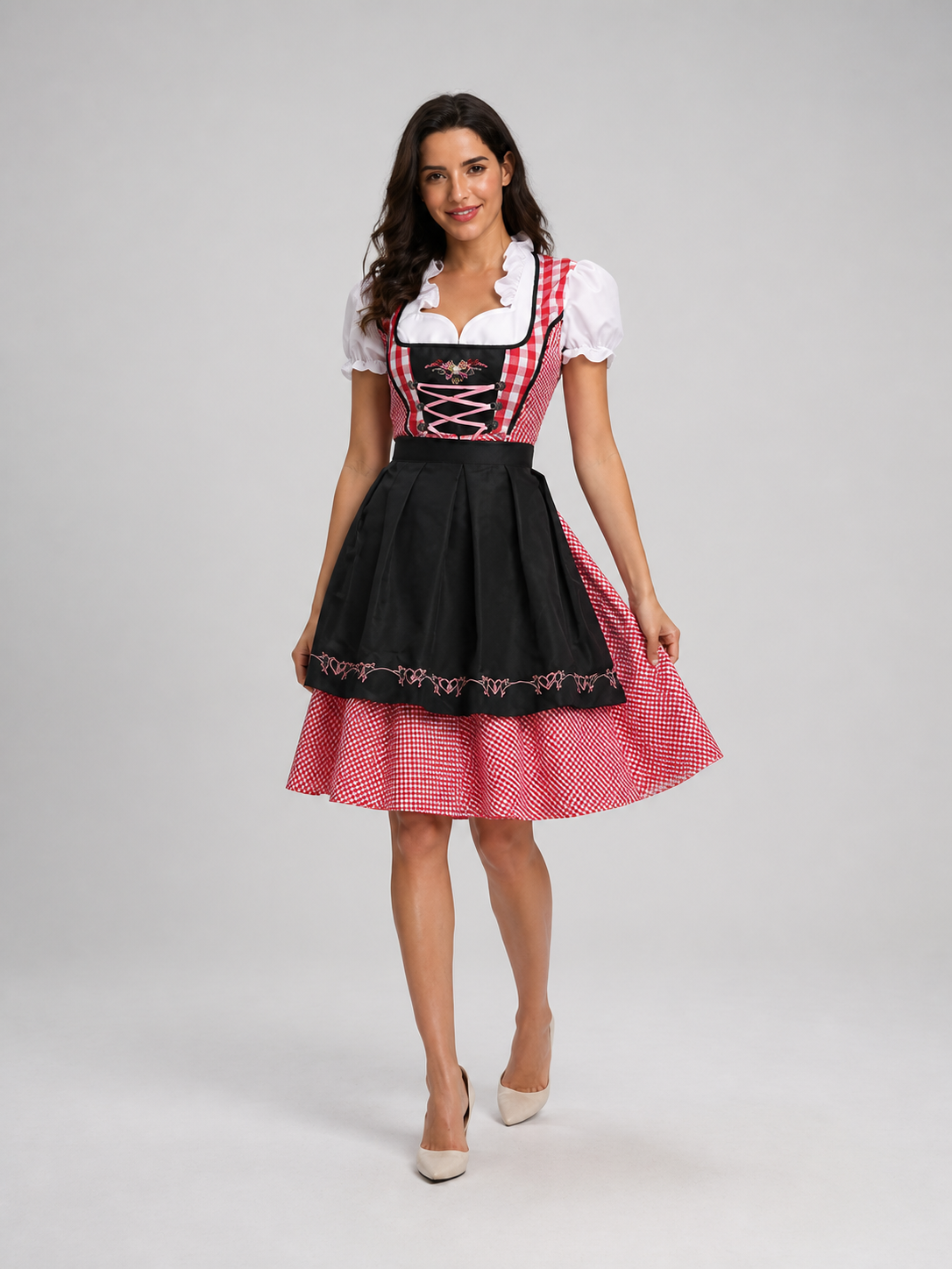 Plaid Dress with Apron-Style Panel and Puff Sleeves Costume Dresses detail 2