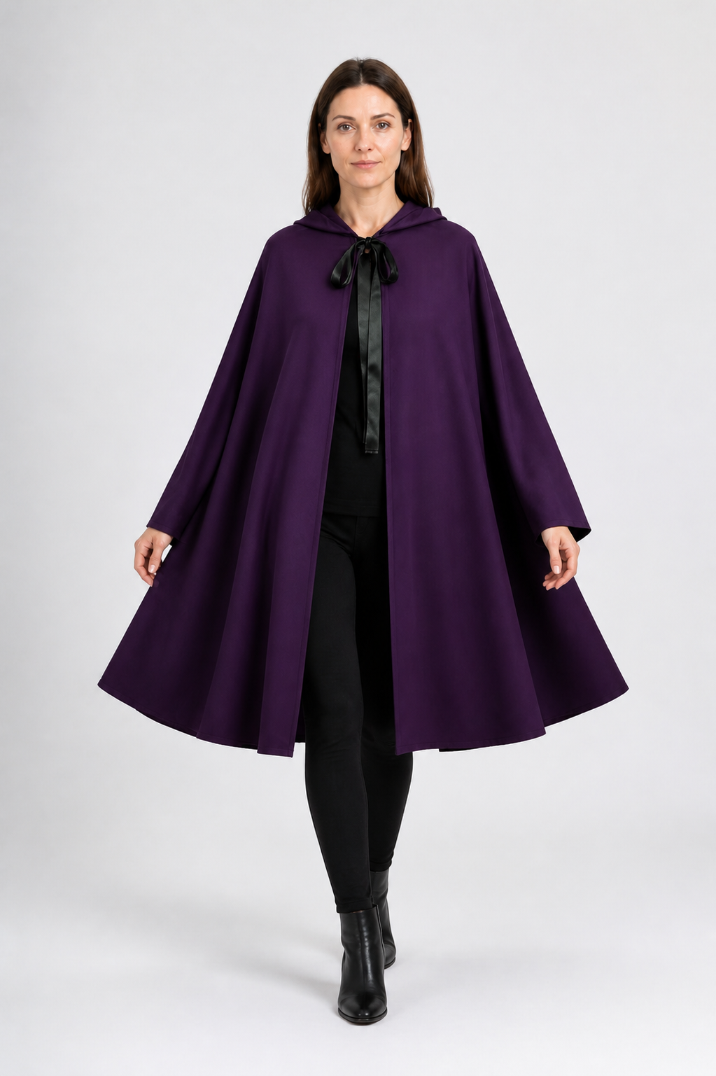 Purple Hooded Cape with a Wide Hem for Halloween on-model alternate view