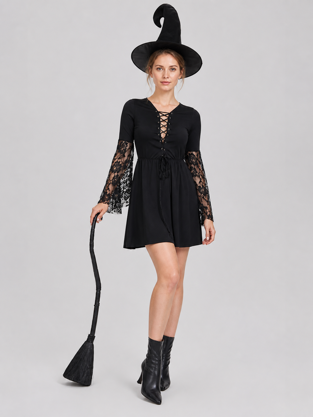 Black Witch Dress with Lace Sleeves, Necklace, and Hat Costume Dresses detail 2