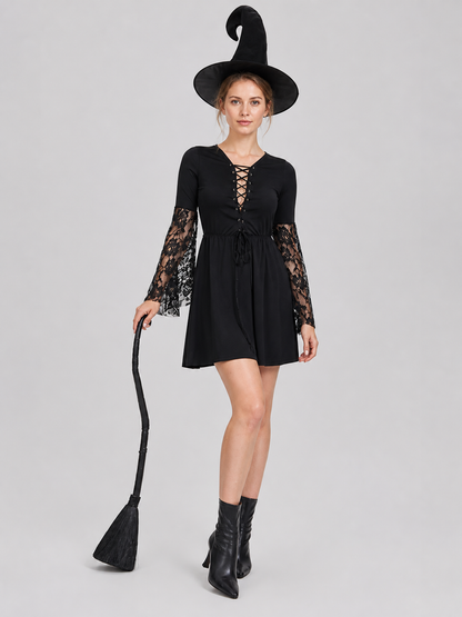 Black Witch Dress with Lace Sleeves, Necklace, and Hat Costume Dresses detail 2