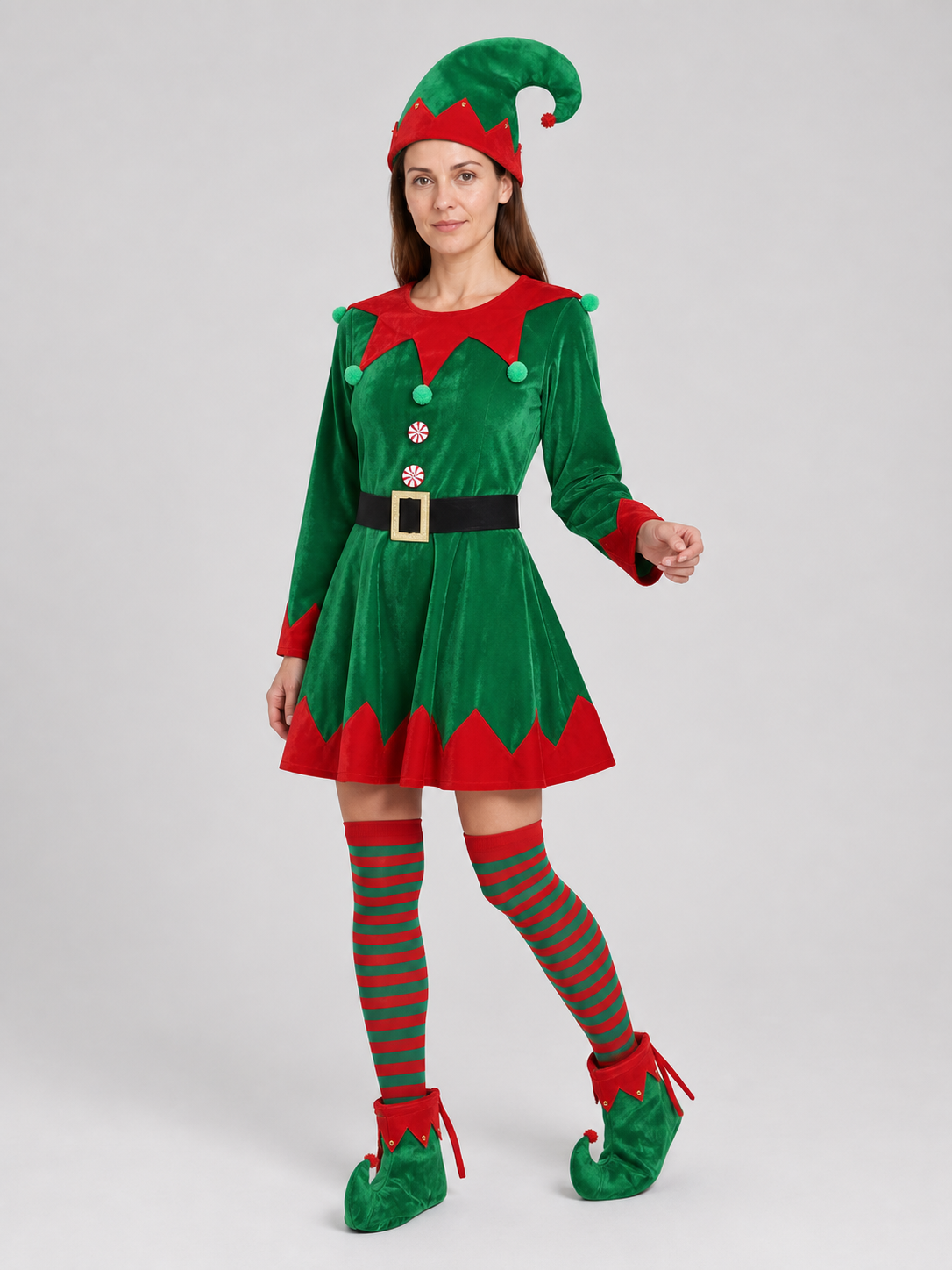 Christmas Elf Costume, Green Dress, Hat, and Belt Costume Dresses detail 2