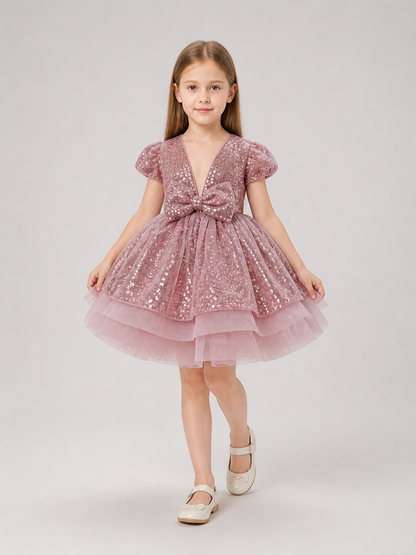 Girls' Sequin Party Dress with Bow for Birthdays Costume Dresses detail 2
