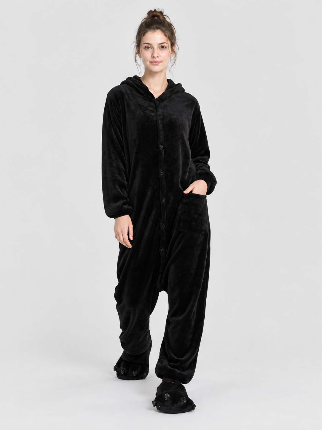 Black Fleece Hooded Pajama Jumpsuit with Pockets