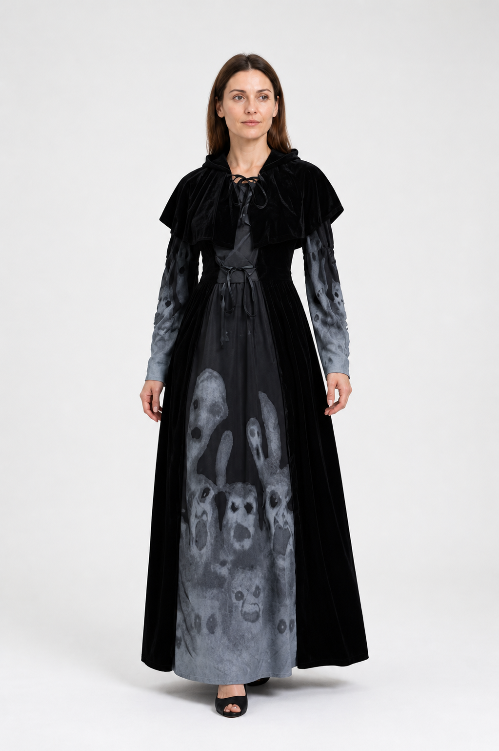 Black Halloween Dress with Cape and Ghost Print Costume Dresses detail 2