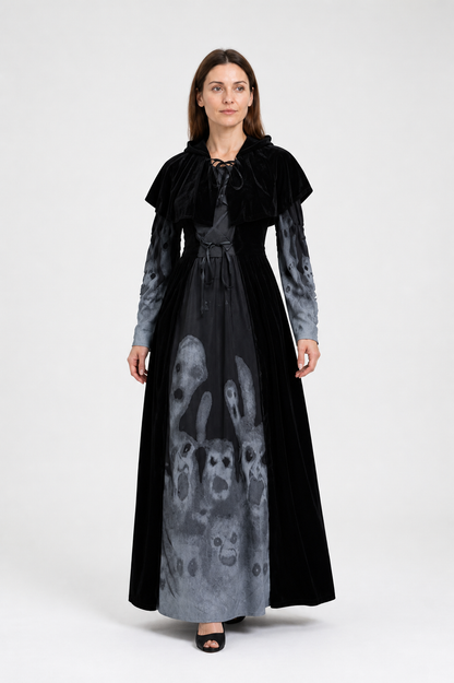 Black Halloween Dress with Cape and Ghost Print Costume Dresses detail 2