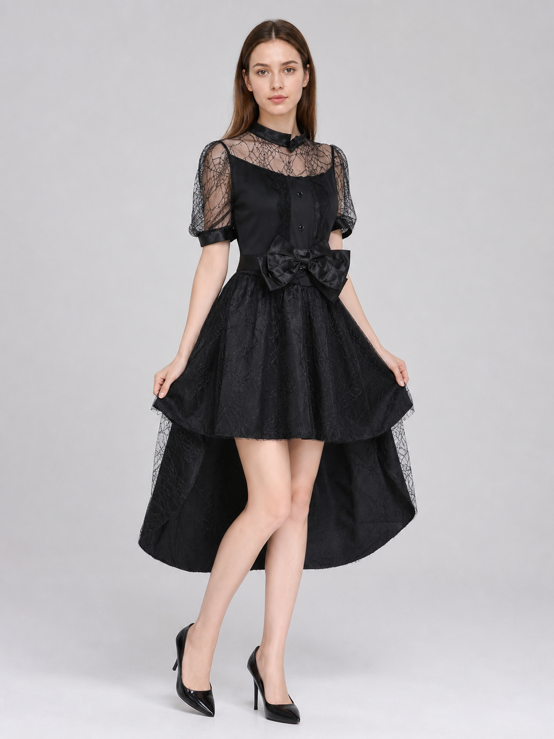 Black Witch Dress with Bow and Lace Insert