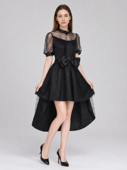 Black Witch Dress with Bow and Lace Insert