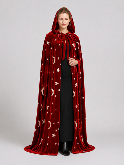 Adult Hooded Cloak with Stars and Moons, Burgundy, Floor-Length Costume Capes detail 2