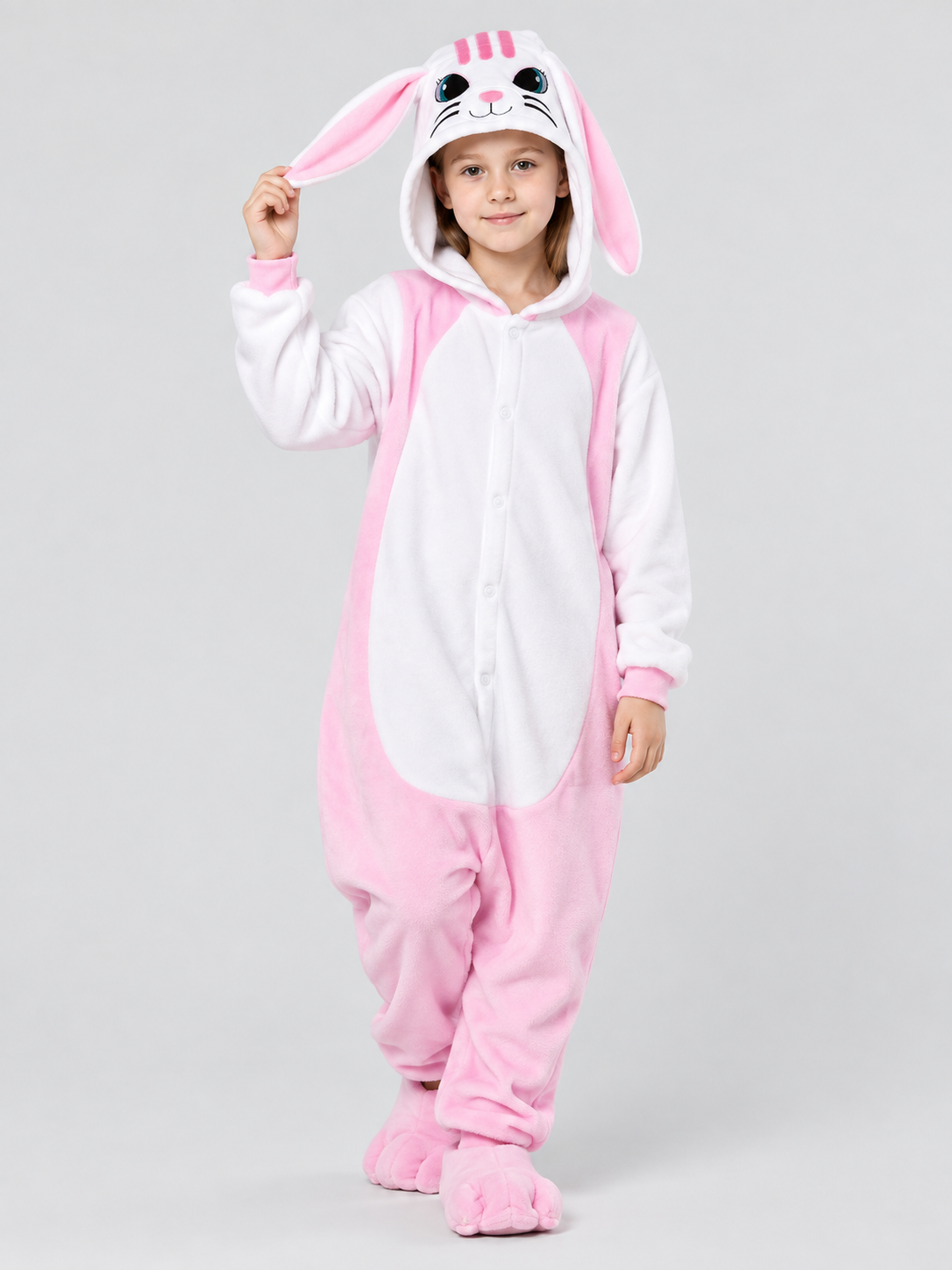 Pajama jumpsuit with bunny ears, white and pink
