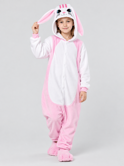 Pajama jumpsuit with bunny ears, white and pink
