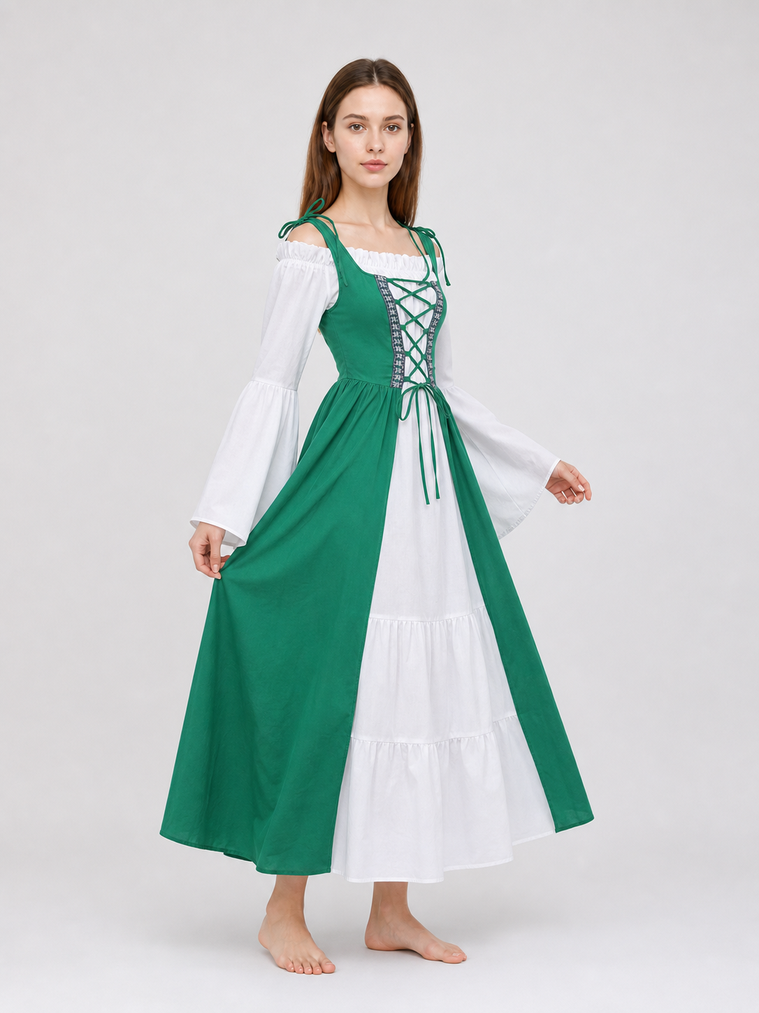 Green-and-White Medieval-Style Dress with Lacing