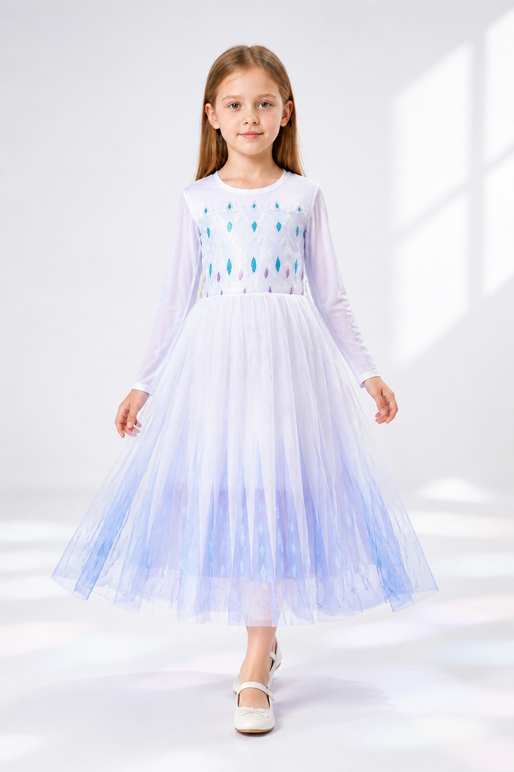 Long Light Blue Carnival Dress with Diamond Patterns Costume Dresses detail 2