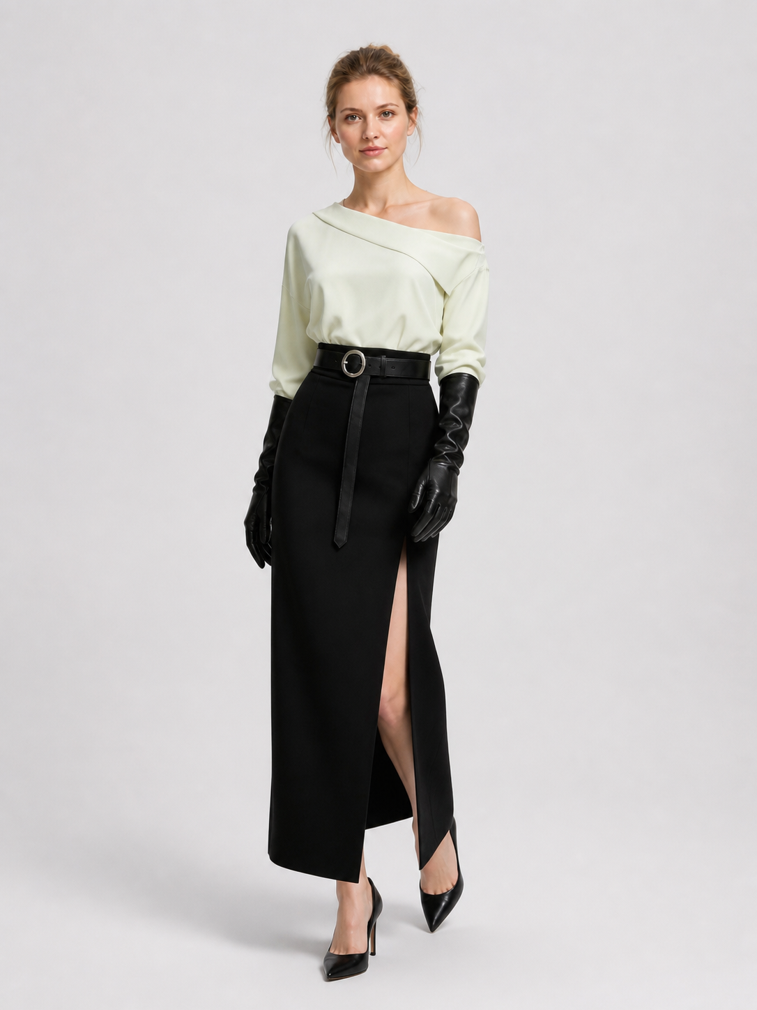 Grace RE9 Cosplay: White Blouse and Black Slit Skirt Costumes detail 2