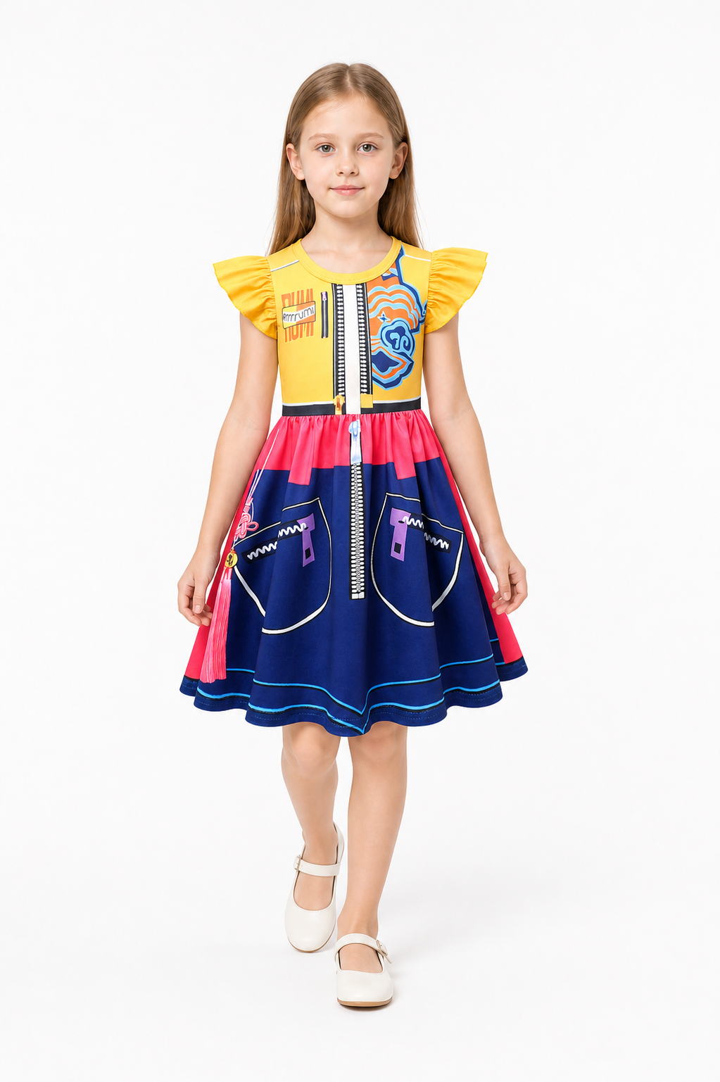 Colorful Children's Dress with Lightning Print and Ruffles
