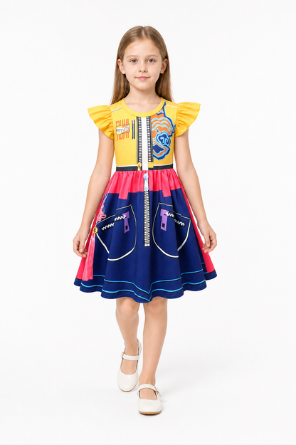 Colorful Children's Dress with Lightning Print and Ruffles
