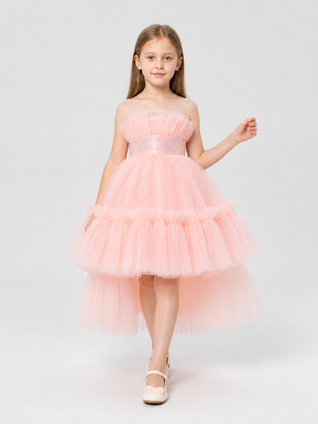Princess Tulle Dress with Train for Birthday Celebrations