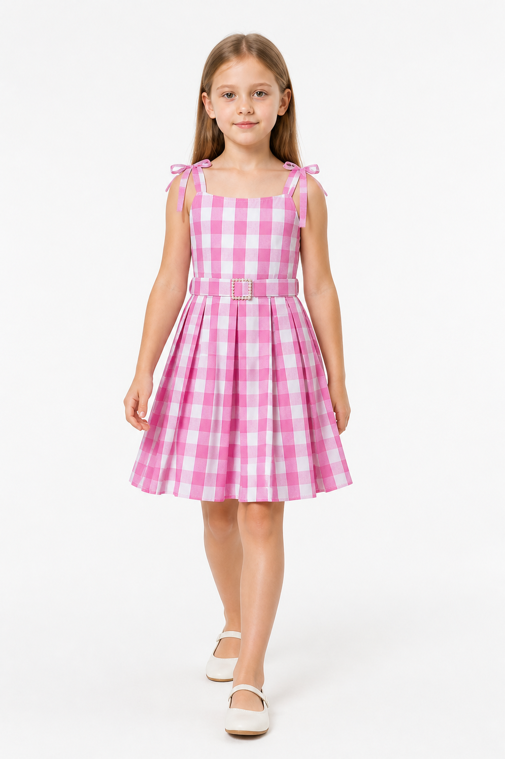 Barbie Pink and White Plaid High-Waisted Dress Costume Dresses detail