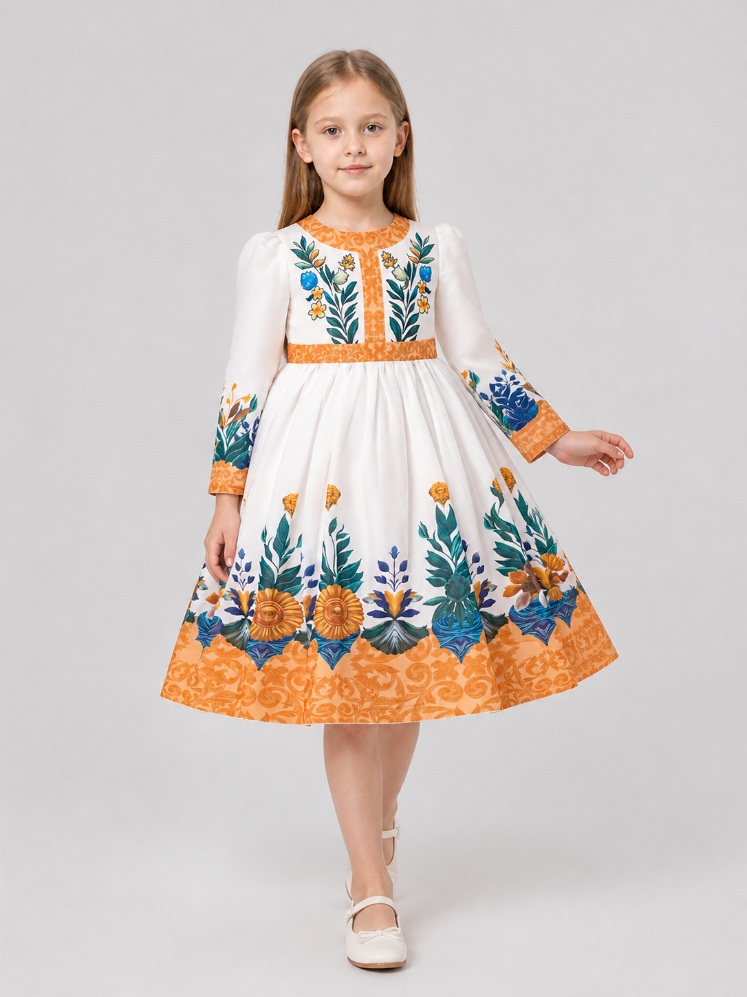 Girls' Floral Print Dress, Long Sleeves
