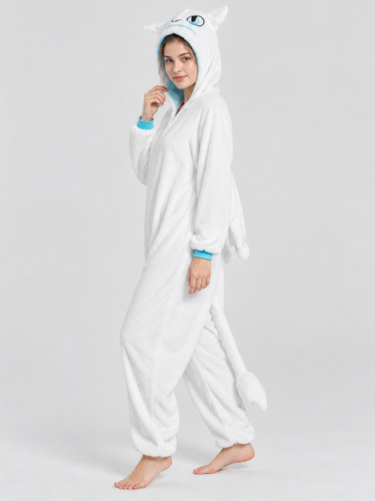 White Fleece Hooded Pajama Jumpsuit with Tail