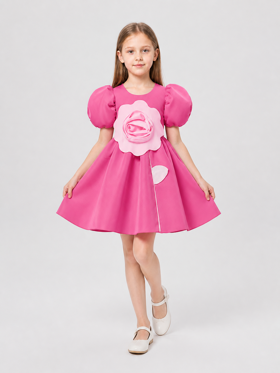 Pink Princess Dress with a Full Skirt and Roses