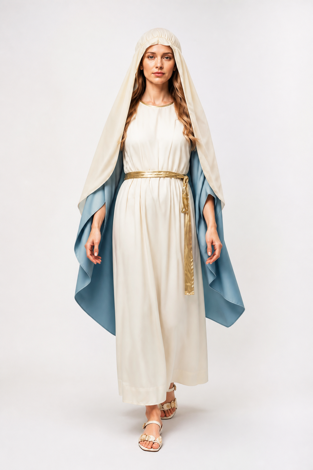 Long Dress with a Blue Cape, Scarf, and Gold Belt Costume Dresses detail 2