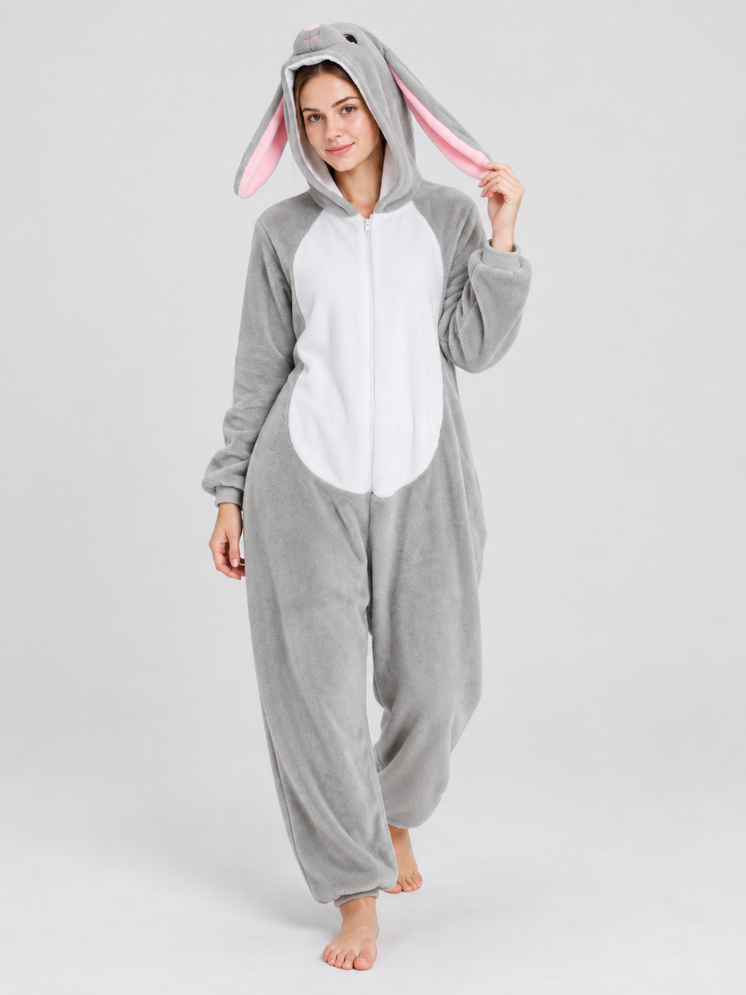 Gray Pajama Jumpsuit with Hood and Bunny Ears