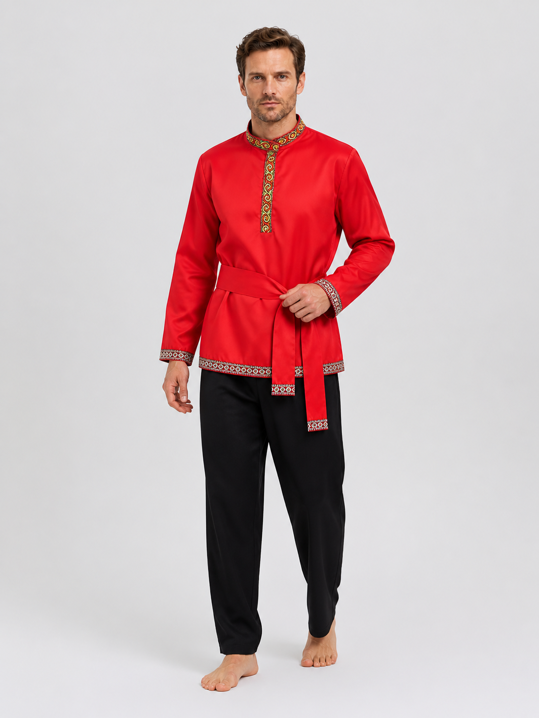 Red Russian Folk Costume with Embroidery and Ties Costumes detail